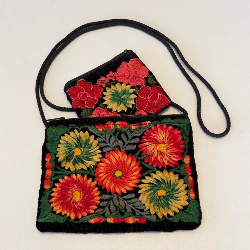 Handmade Guatemalan Floral Embroidered Velvet Crossbody Bag Coin Purse Set Black